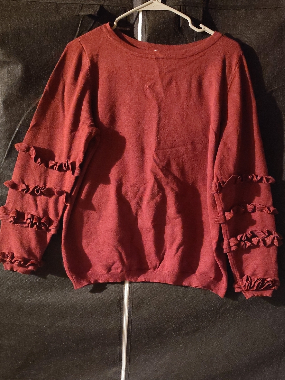 NY Collection Burgundy Ruffle Sleeve Crewneck Sweater
